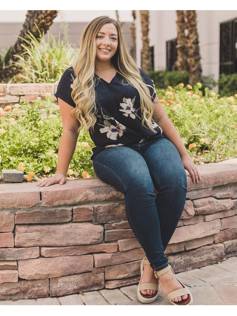 West Kei Navy Floral Twist-Front Short Sleeve Blouse
